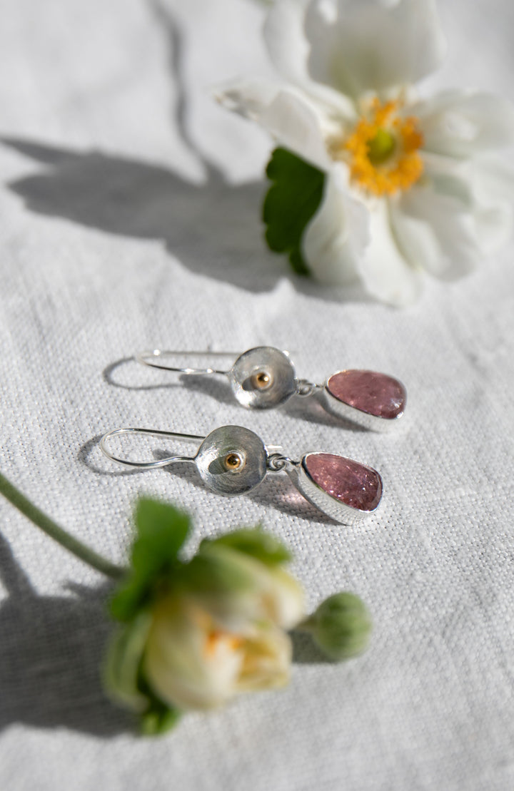 Rose Cut Pink Tourmaline Earrings in Sterling Silver with Gold Detail