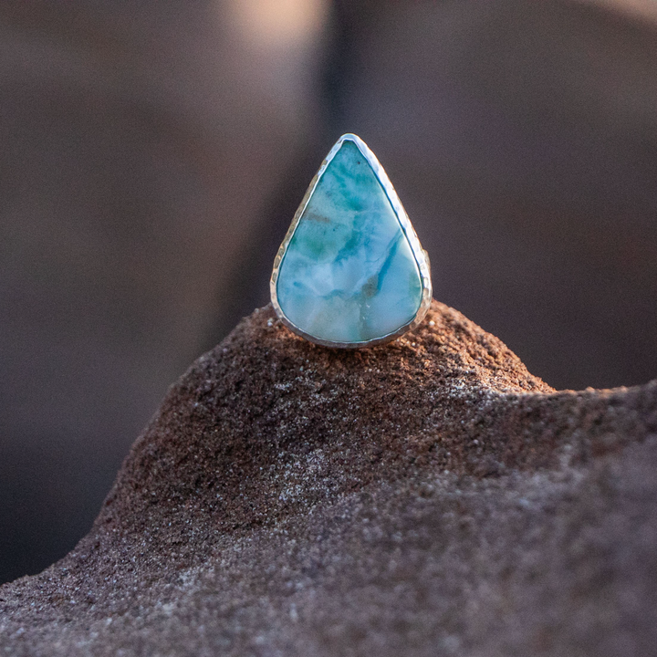 Larimar Ring with Beaten Sterling Silver Band - Size 7 US