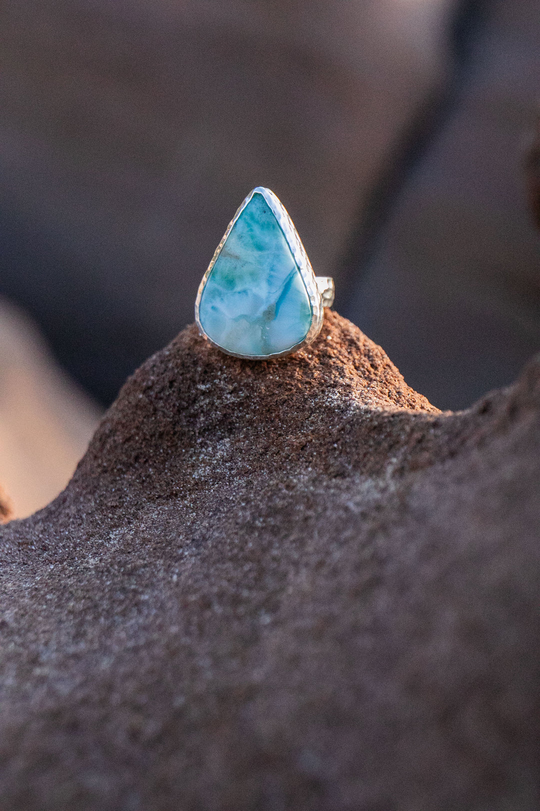 Larimar Ring with Beaten Sterling Silver Band - Size 7 US