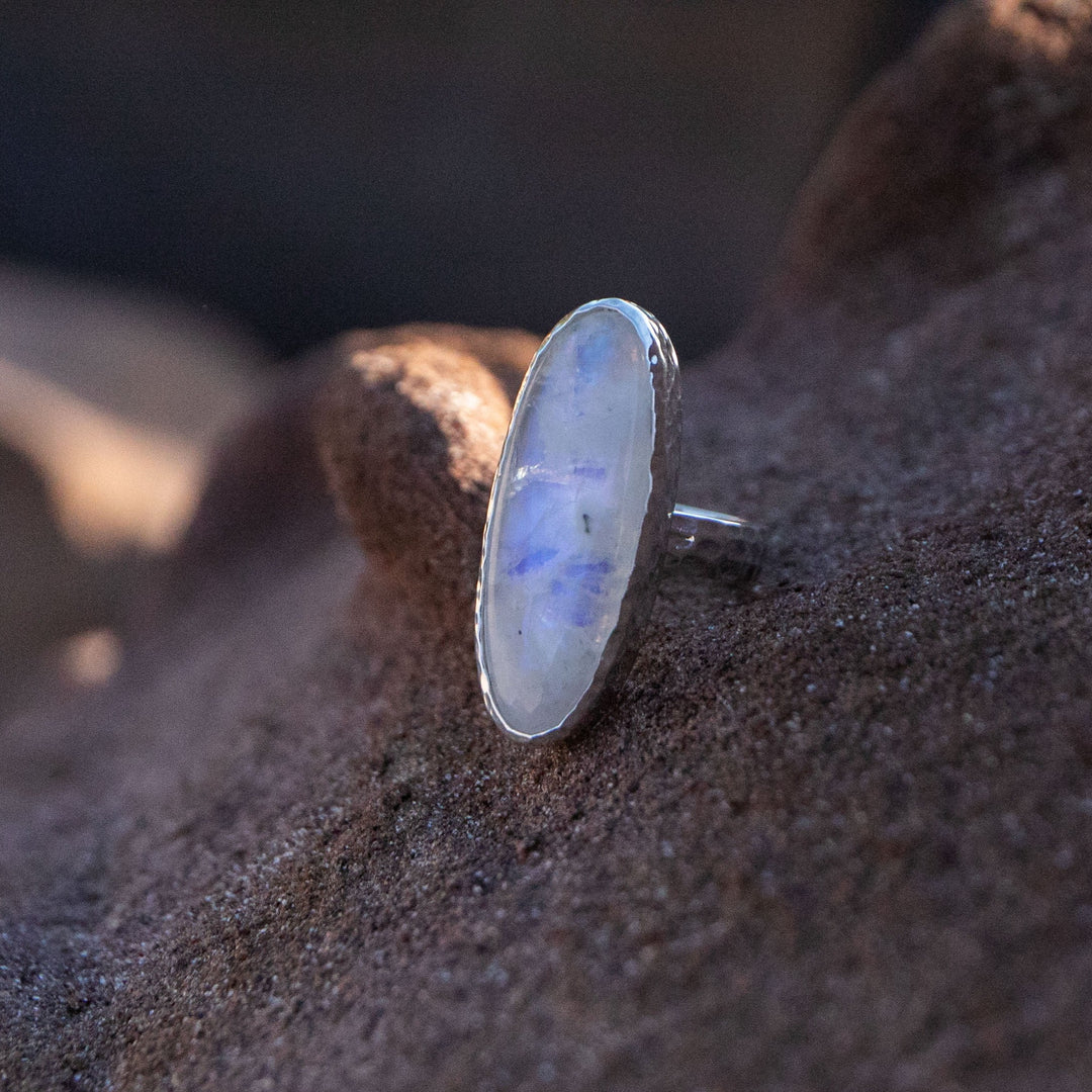 Statement Rainbow Moonstone Ring in Beaten Sterling Silver Setting - Size 9 US