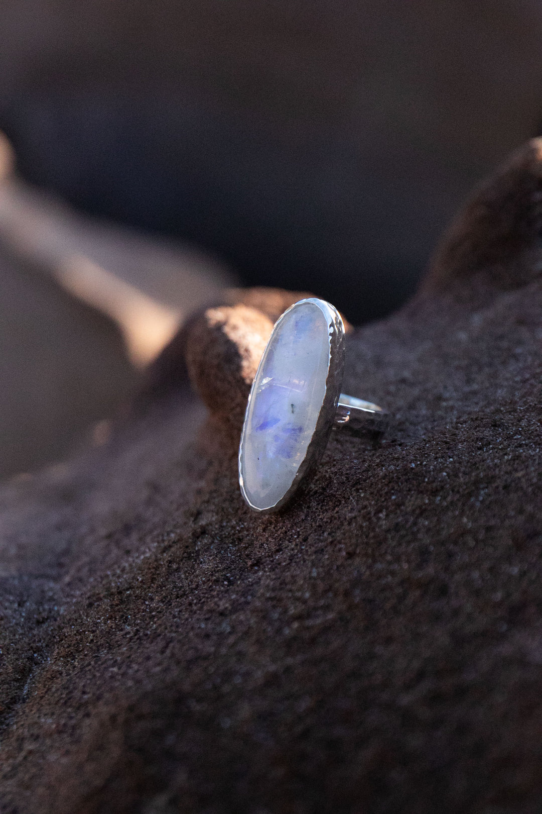 Statement Rainbow Moonstone Ring in Beaten Sterling Silver Setting - Size 9 US