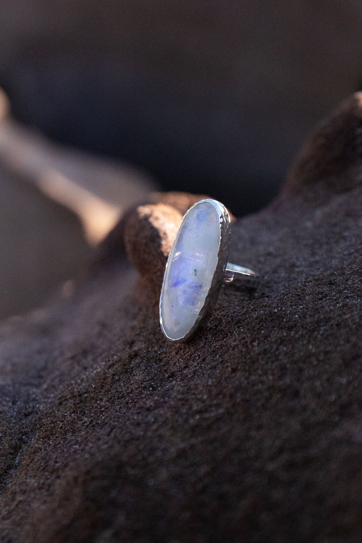 Statement Rainbow Moonstone Ring in Beaten Sterling Silver Setting - Size 9 US