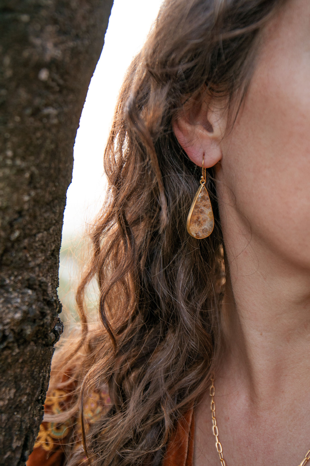 Statement Fossil Coral Earrings in Gold Plated Brushed Sterling Silver