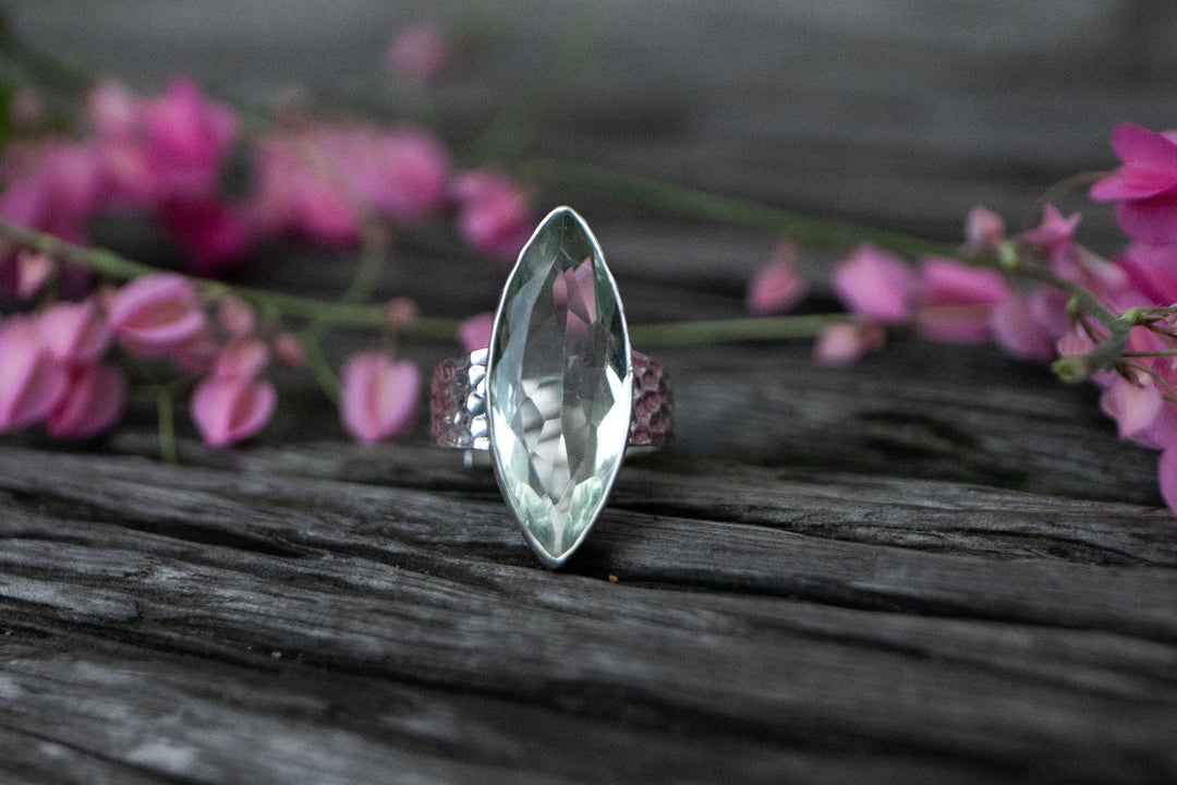 Faceted Green Amethyst Ellipse Ring set in Beaten Sterling Silver - Adjustable Band