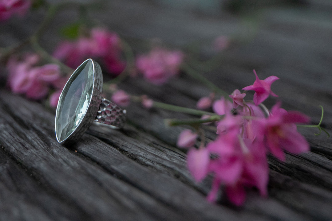 Faceted Green Amethyst Ellipse Ring set in Beaten Sterling Silver - Adjustable Band