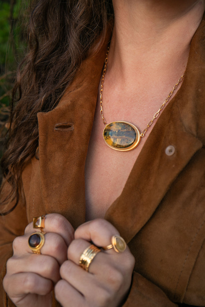 Statement Tigers Eye Pendant on Gold Plated Sterling Silver Chain Setting