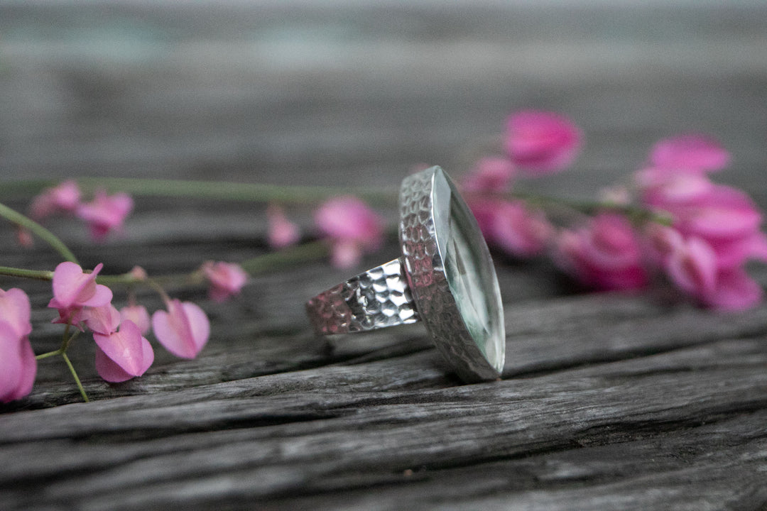 Faceted Green Amethyst Ellipse Ring set in Beaten Sterling Silver - Adjustable Band