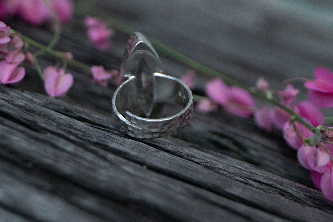 Faceted Green Amethyst Ellipse Ring set in Beaten Sterling Silver - Adjustable Band