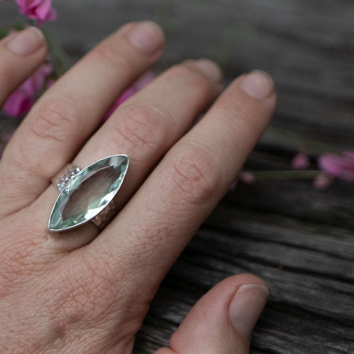 Faceted Green Amethyst Ellipse Ring set in Beaten Sterling Silver - Adjustable Band