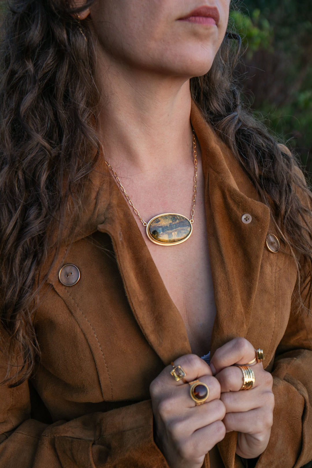 Statement Tigers Eye Pendant on Gold Plated Sterling Silver Chain Setting