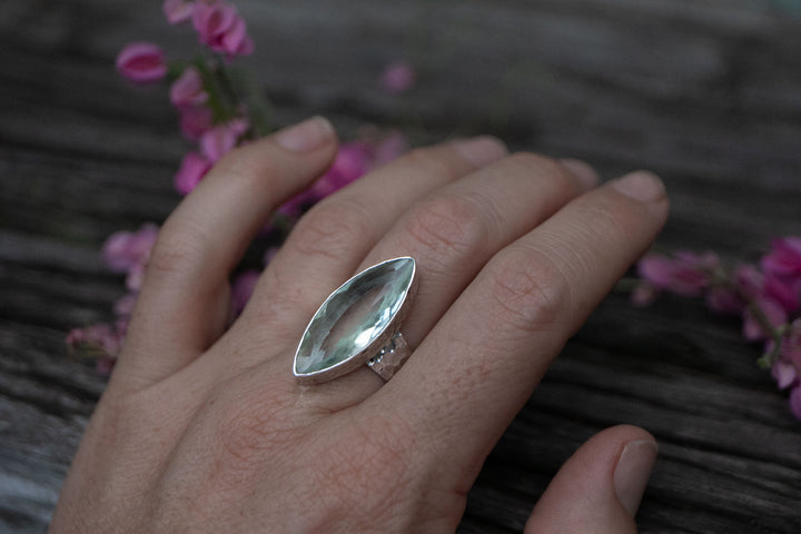 Faceted Green Amethyst Ellipse Ring set in Beaten Sterling Silver - Adjustable Band