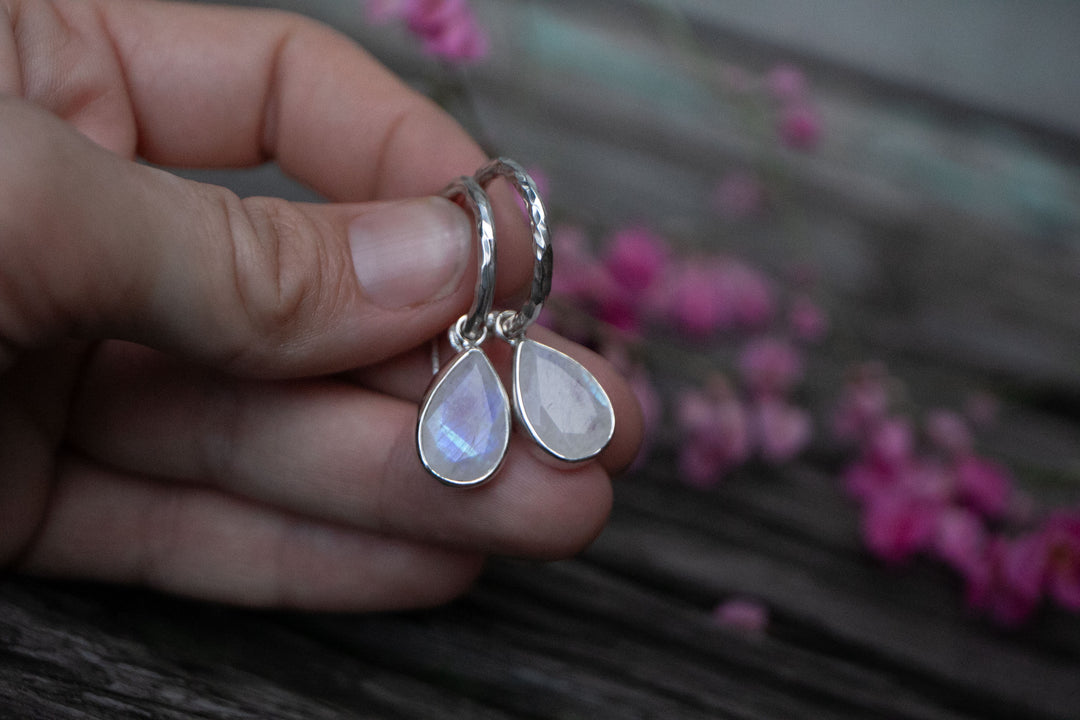 Rainbow Moonstone Hoop Stud Earrings in Sterling Silver Setting