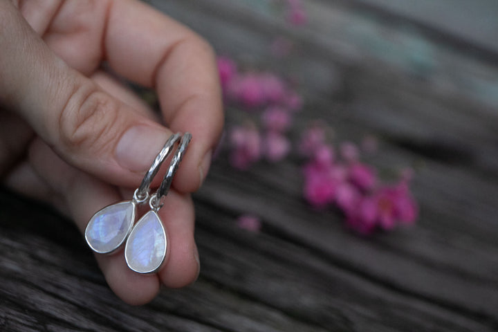 Rainbow Moonstone Hoop Stud Earrings in Sterling Silver Setting