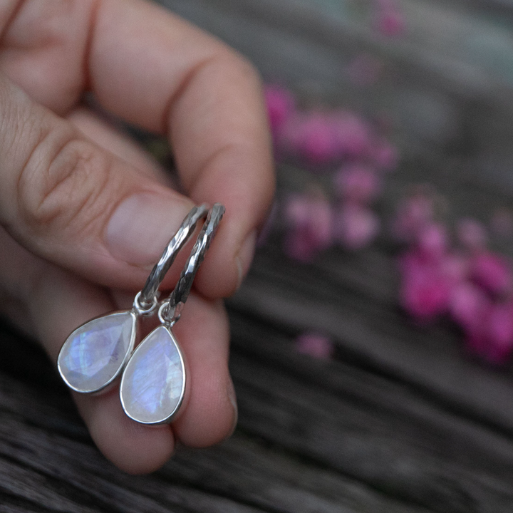 Rainbow Moonstone Hoop Stud Earrings in Sterling Silver Setting