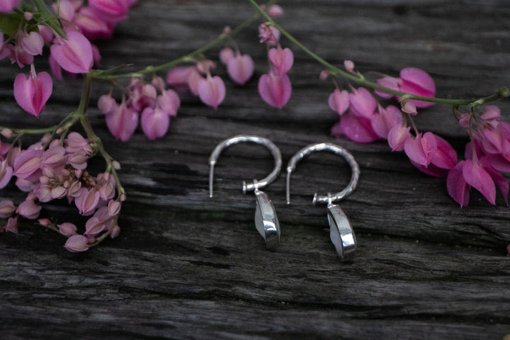 Rainbow Moonstone Hoop Stud Earrings in Sterling Silver Setting