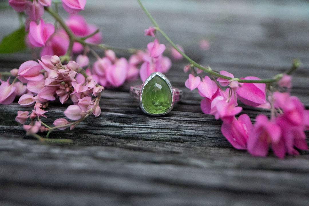 Faceted Peridot Ring in Beaten Sterling Silver - Size 6.5 US