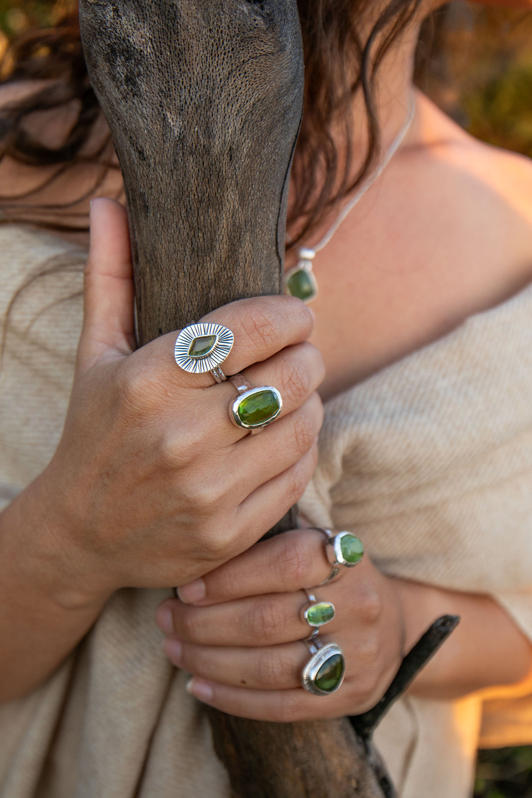 Faceted Peridot Ring in Decorative Sterling Silver - Size 8 US