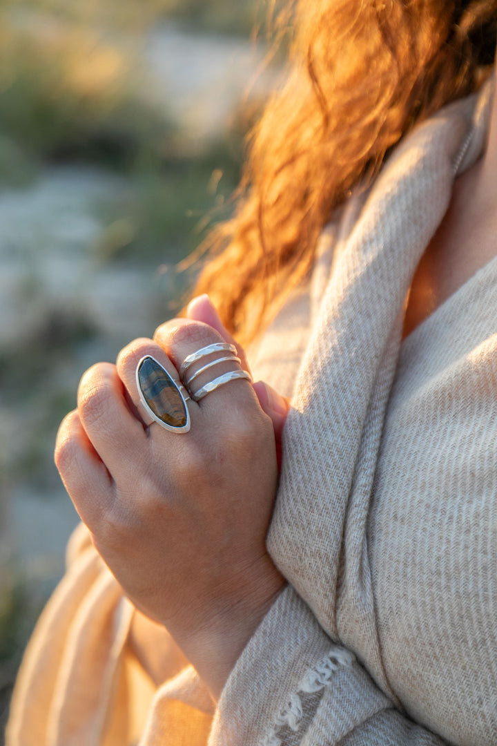 Tigers Eye Ring in Brushed Sterling Silver - Adjustable Band