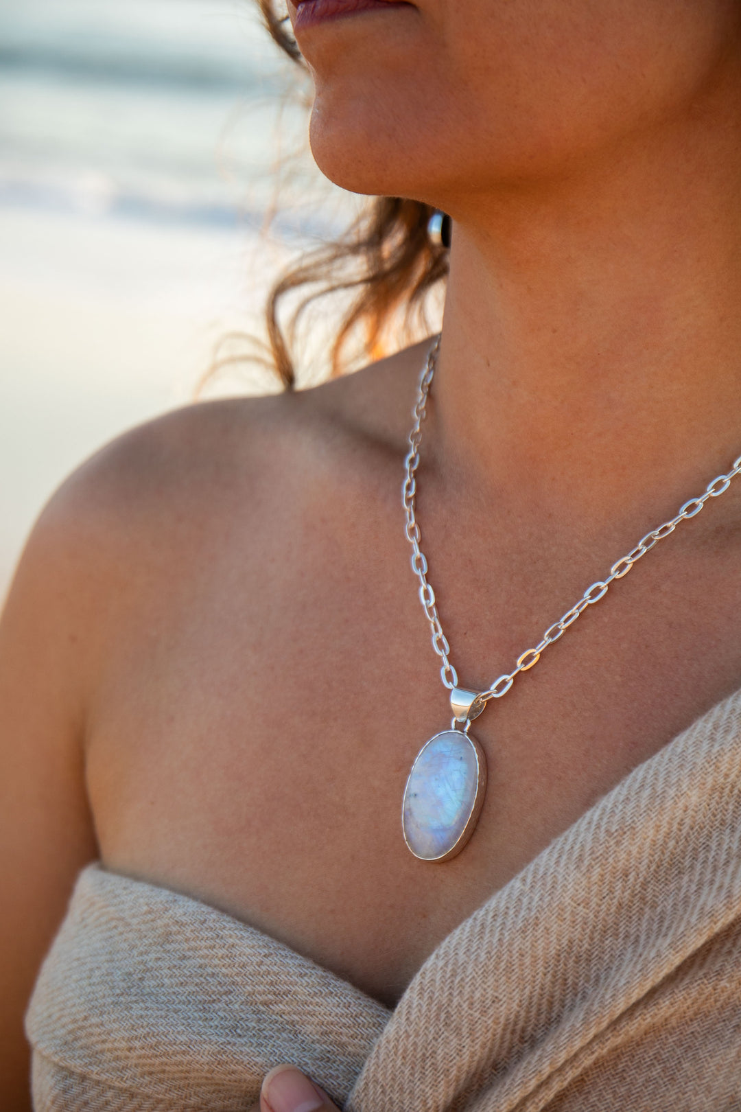 Rainbow Moonstone Pendant in Beaten Sterling Silver Setting
