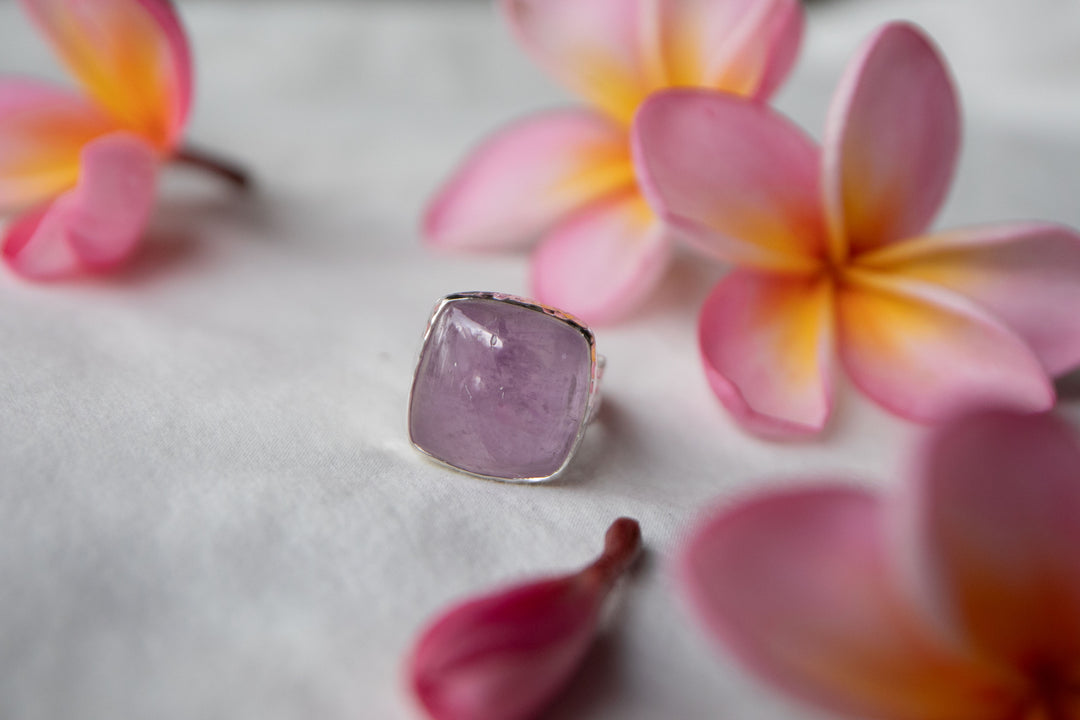 Pink Kunzite Ring with Beaten Sterling Silver Setting - Adjustable Band