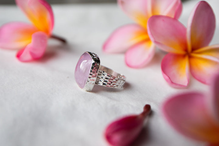 Pink Kunzite Ring with Beaten Sterling Silver Setting - Adjustable Band