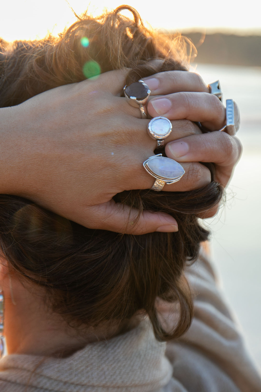 Ellipse Rainbow Moonstone Ring in Unique Sterling Silver Setting - Size 7 US
