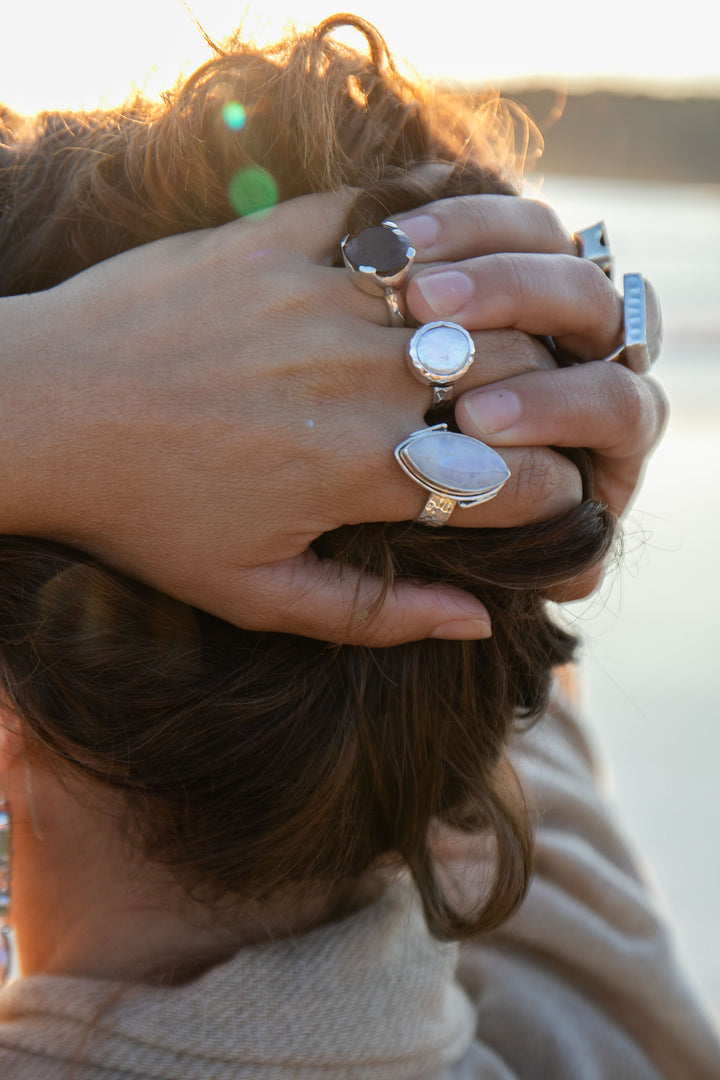 Ellipse Rainbow Moonstone Ring in Unique Sterling Silver Setting - Size 7 US