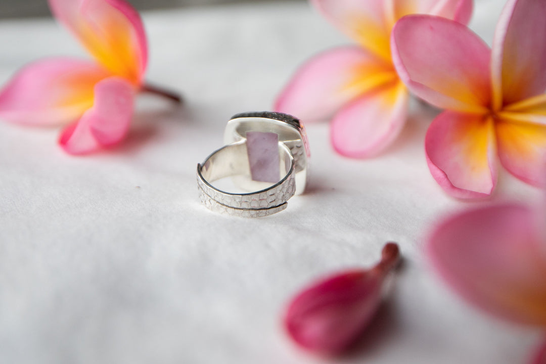 Pink Kunzite Ring with Beaten Sterling Silver Setting - Adjustable Band