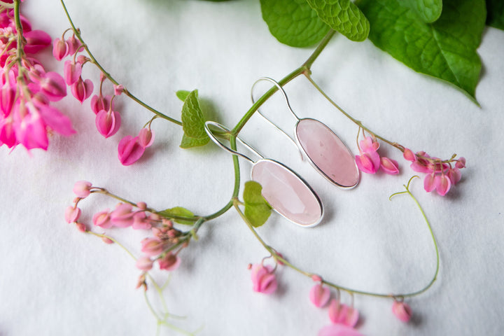 Faceted Rose Quartz Earrings in Edge Set Sterling Silver