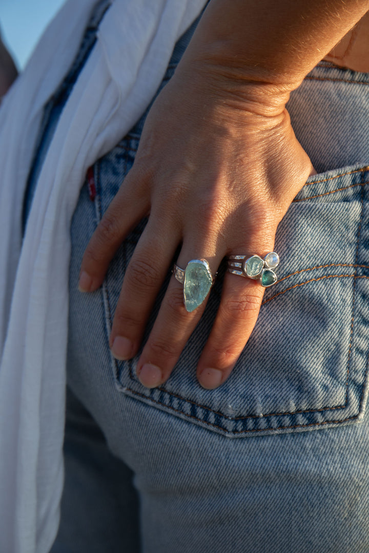 Raw Mozambique Aquamarine Ring with Beaten Adjustable Band