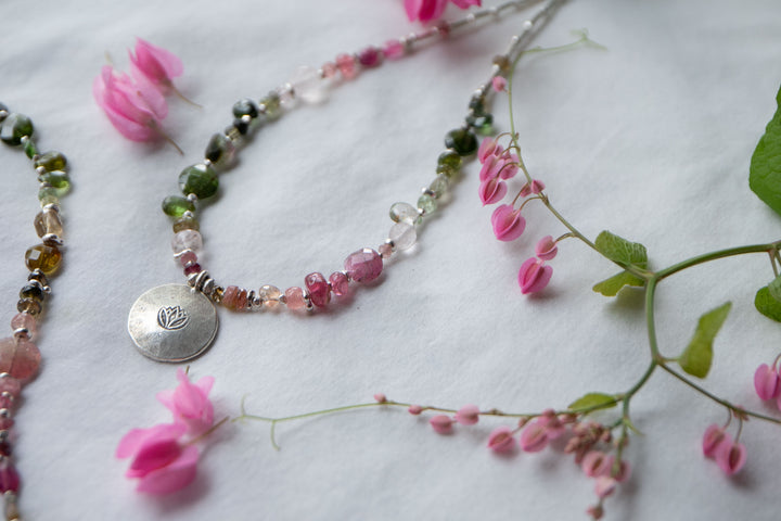 Watermelon Tourmaline Necklace Handmade with Thai Hill Tribe Silver Lotus