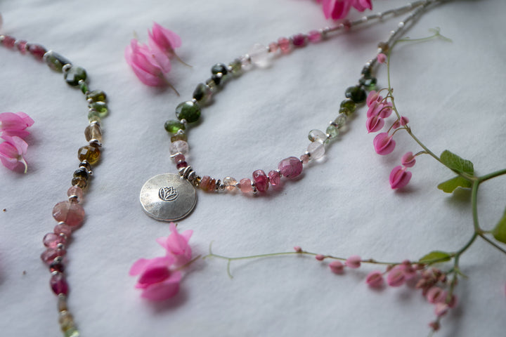 Watermelon Tourmaline Necklace Handmade with Thai Hill Tribe Silver Lotus