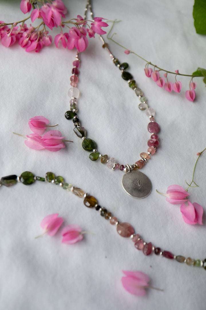 Watermelon Tourmaline Necklace Handmade with Thai Hill Tribe Silver Lotus