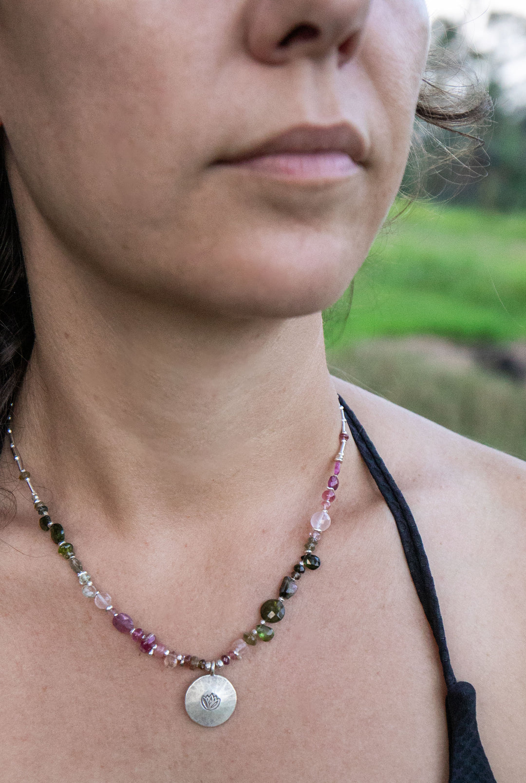 Watermelon Tourmaline Necklace Handmade with Thai Hill Tribe Silver Lotus