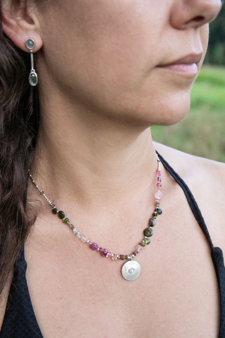 Watermelon Tourmaline Necklace Handmade with Thai Hill Tribe Silver Lotus