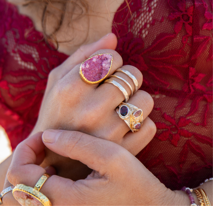 Pink Tourmaline and Garnet Ring set in Unique Sterling Silver and Gold Plated Band - Size 8 US