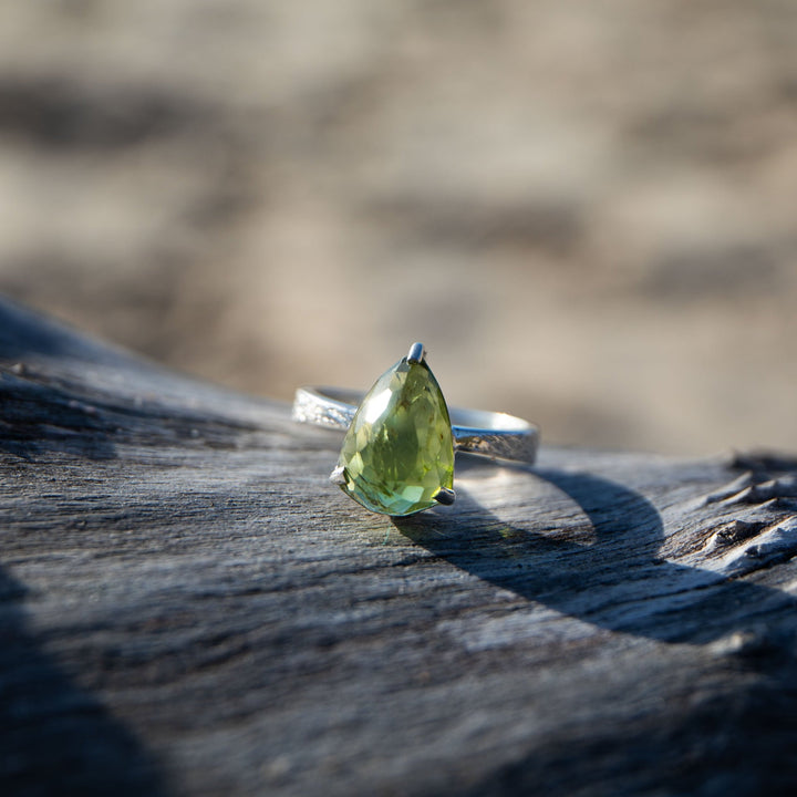 Faceted Teardrop Peridot Ring in Claw Sterling Silver - Size 7 US