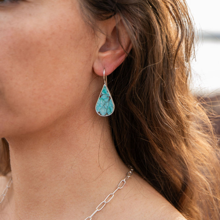 Genuine Turquoise Earrings set in Brushed Sterling Silver