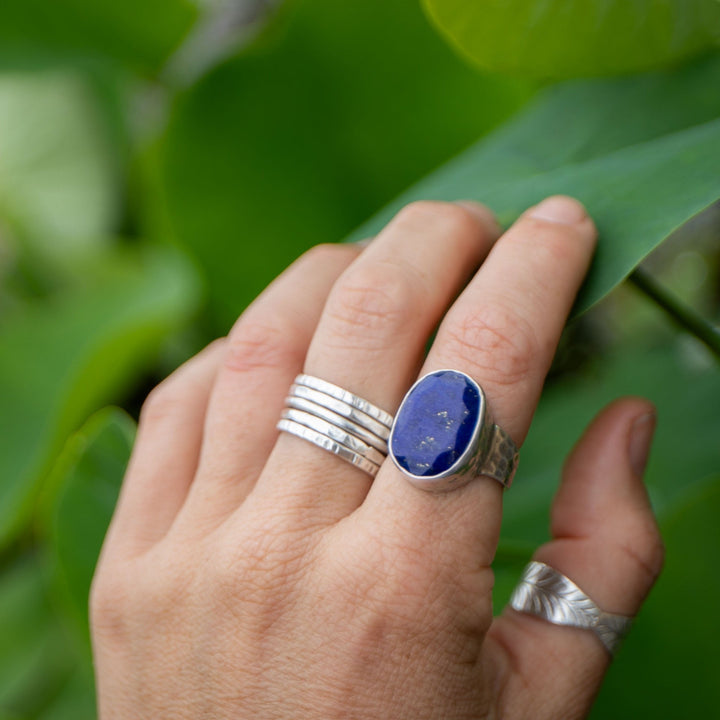 Lapis Lazuli Ring in Beaten Sterling Silver Adjustable Band