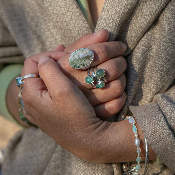 Ocean Jasper Ring in Beaten Sterling Silver with Adjustable Band