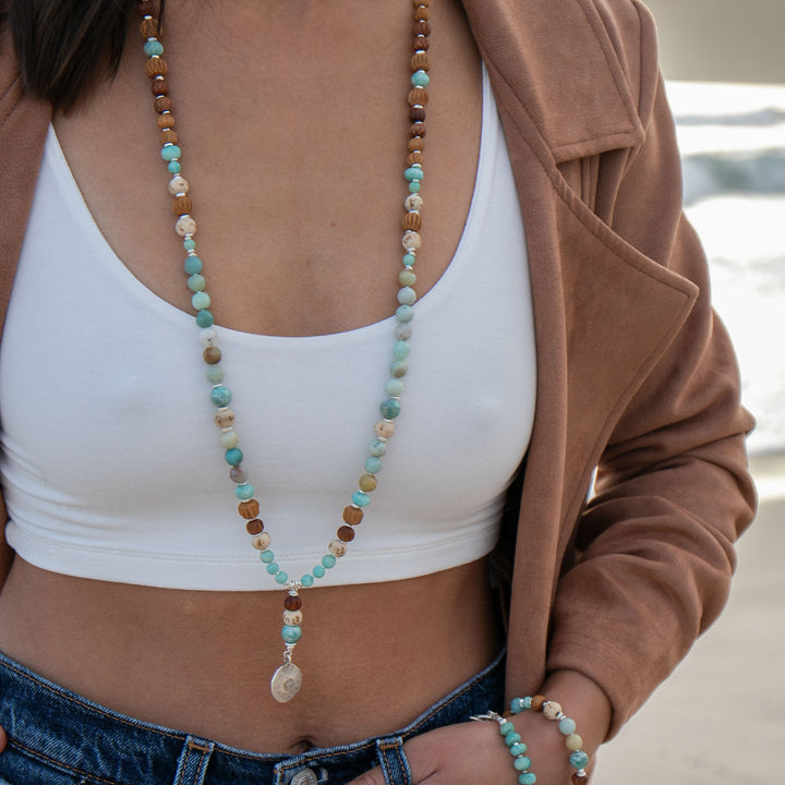 Amazonite + Carved Sandalwood Mala Necklace with Thai Hill Tribe Silver + Lotus Pendant