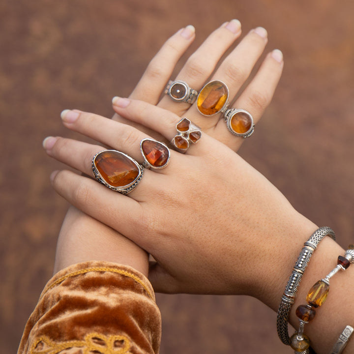 Amber Ring set in Beaten Sterling Silver - Size 6.5 US