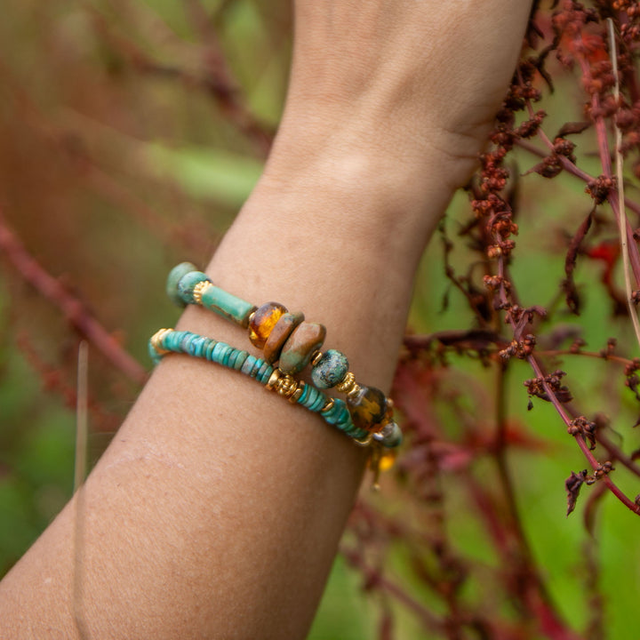 Beaded Amber, Turquoise and Gold Vermeil Sterling Silver Bracelet