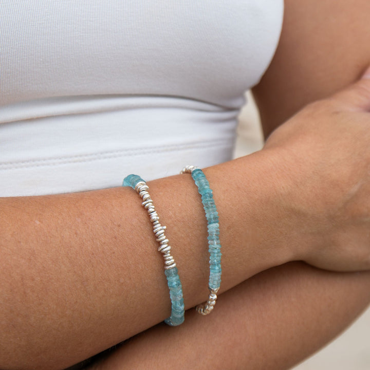 A Grade Stack Aquamarine Bracelet with Thai Hill Tribe Silver Beads