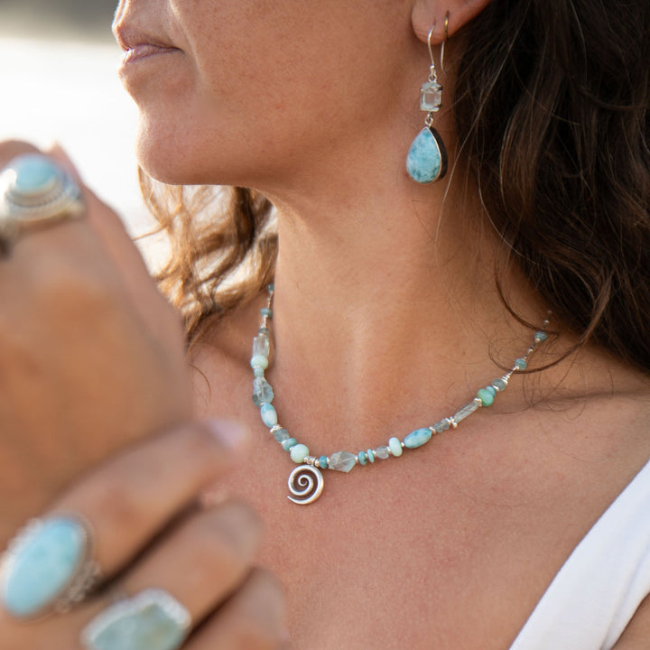 Aquamarine, Larimar, Peruvian Opal Necklace with Hill Tribe Silver Beads and Spiral Pendant