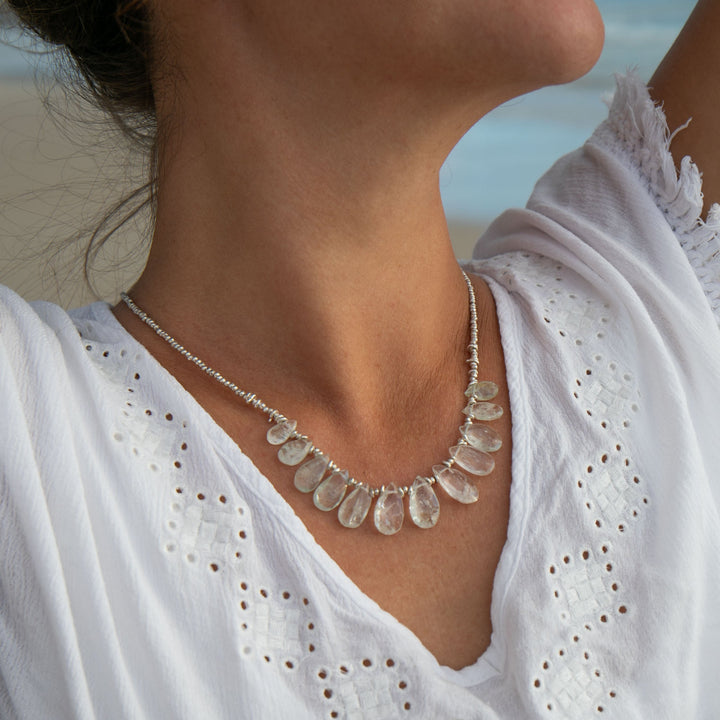 Faceted Teardrop Aquamarine Necklace with Thai Hill Tribe Silver Beads