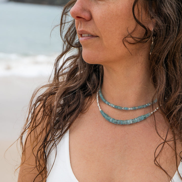 Faceted A Grade Stack Aquamarine Necklace with Thai Hill Tribe Silver Beads