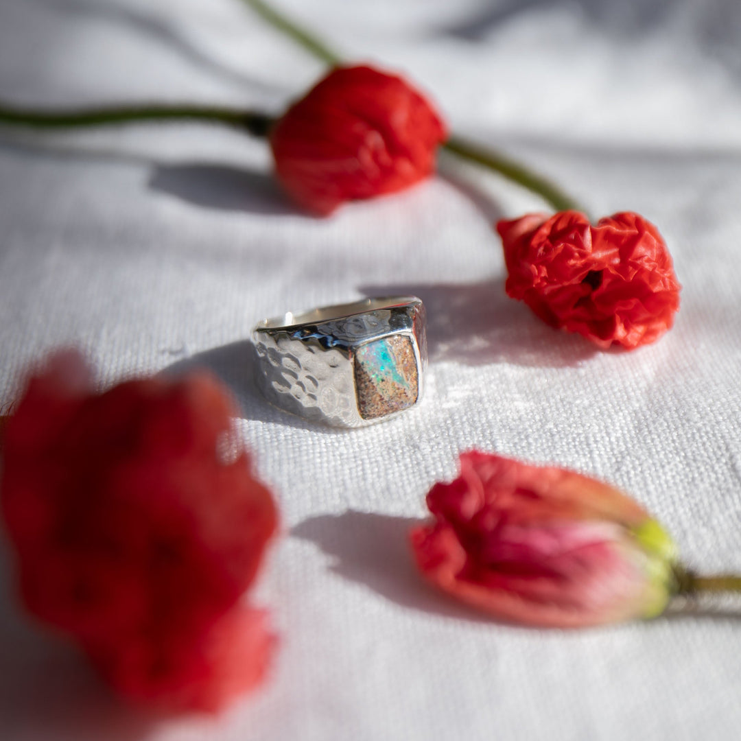 Australian Opal Ring in Signet Beaten Sterling Silver Setting - Size 8 US