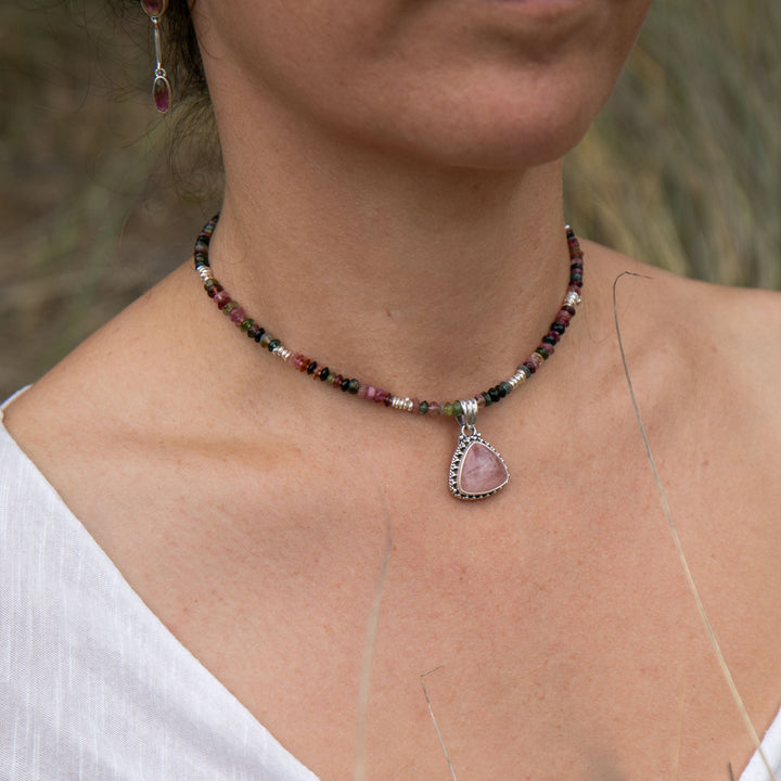 Watermelon Tourmaline + Thai Hill Tribe Silver Choker Necklace with Rose Quartz Pendant