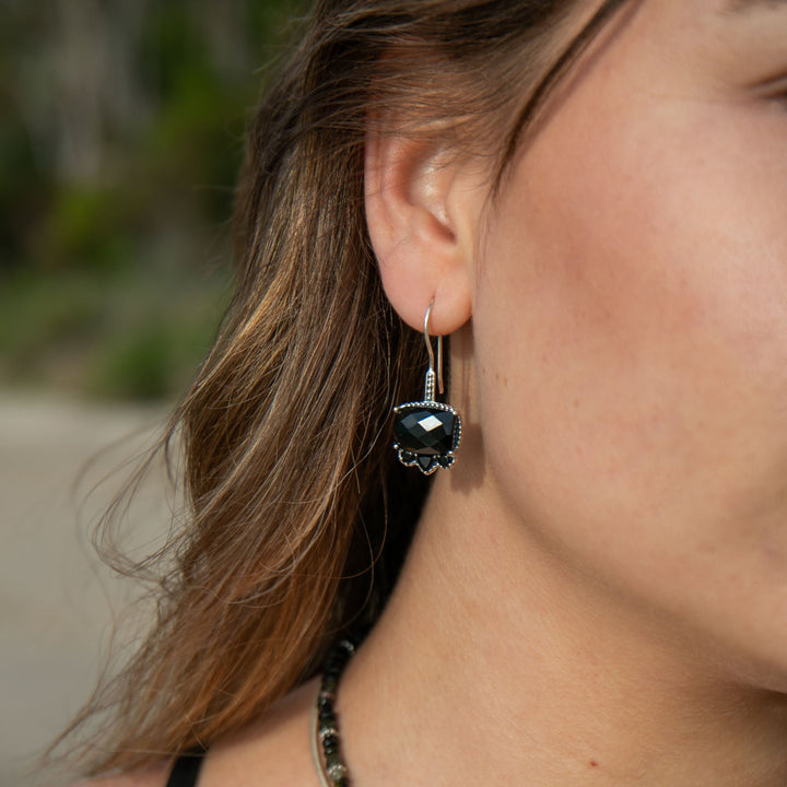 Black Onyx Decorative Earrings in Sterling Silver